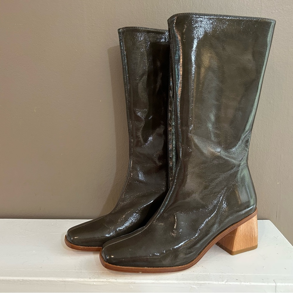Pristine Paloma Wool boots. Never worn. Gorgeous green vinyl with heel. NWOT